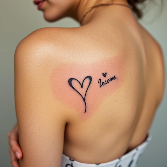 Close-up of a woman's shoulder with a fake tattoo of a heart and the word "become" on her upper back