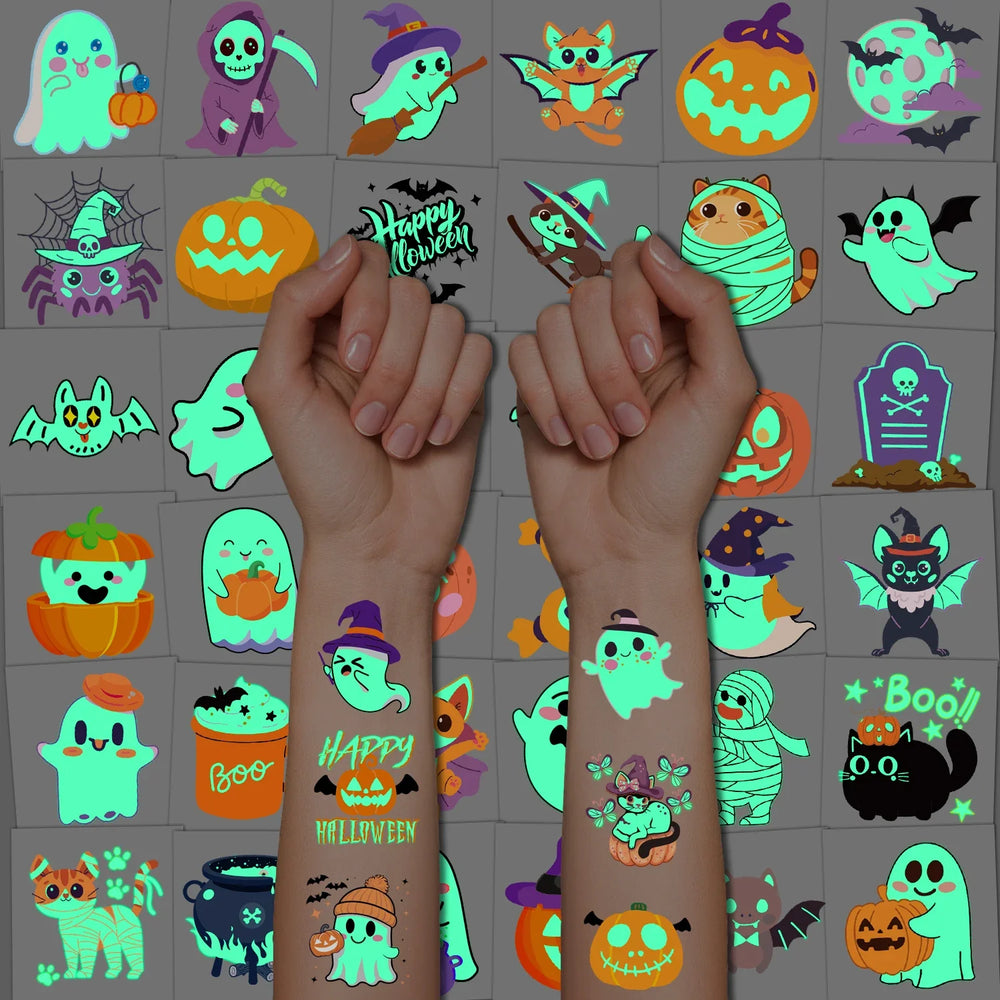 Glow in the dark temporary tattoos with ghosts, pumpkins and bats glowing green on two wrists