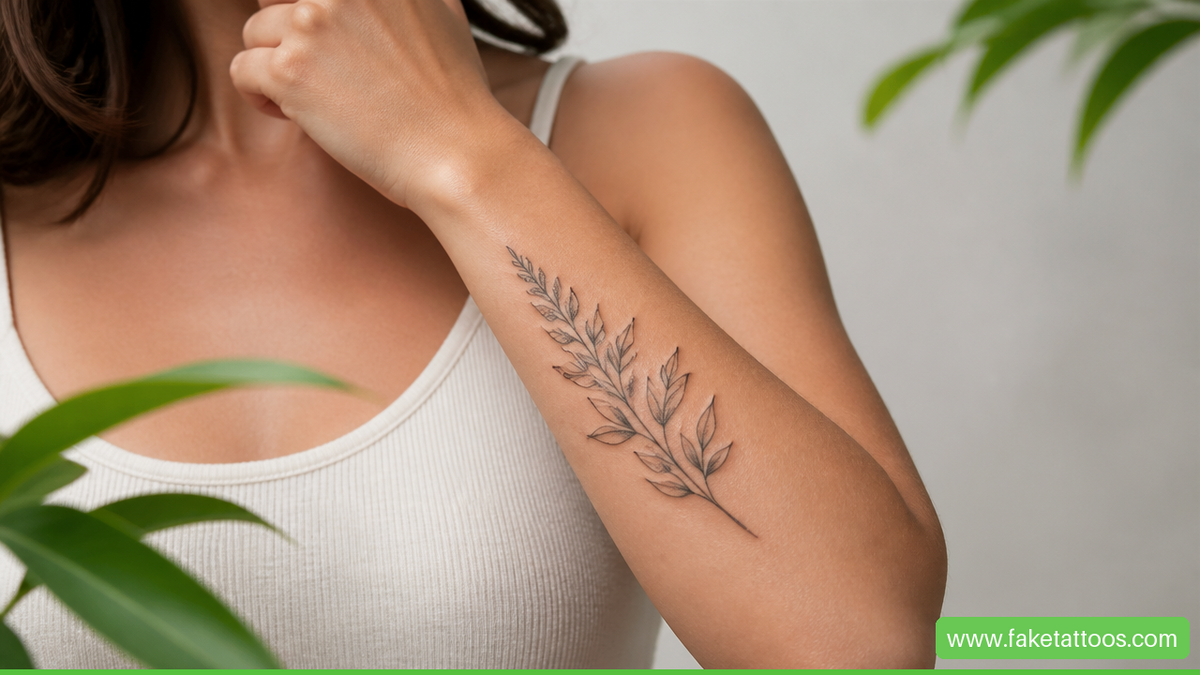 Close-up of a realistic black botanical semi-permanent temporary tattoo on an outer forearm.