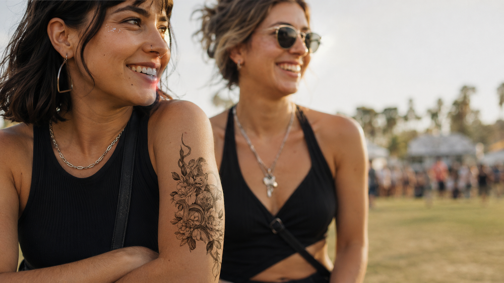 Festival attendee wearing a realistic black temporary tattoo on their forearm.