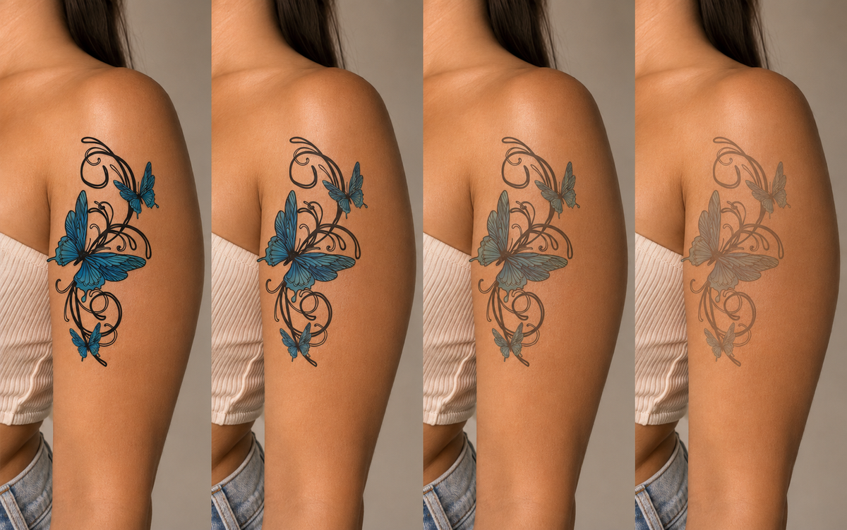 Temporary tattoo wear timeline showing the same Fake Tattoos butterfly design on an upper arm from application through gradual fading