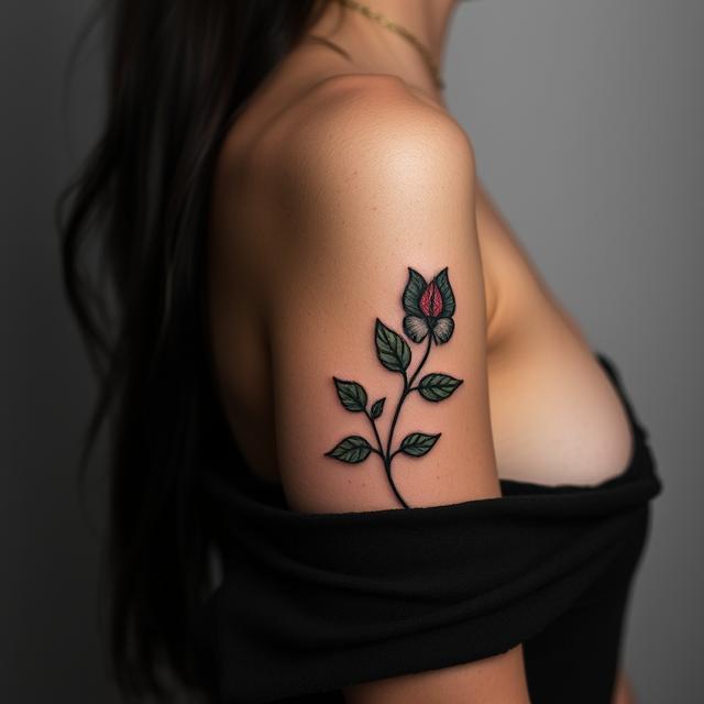 woman with colorful fake tattoo of a flower and leaves on upper arm wearing black off-shoulder top