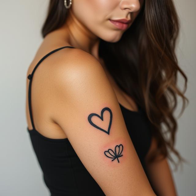Woman with fake tattoos of a heart and a butterfly on her upper arm wearing a black sleeveless top
