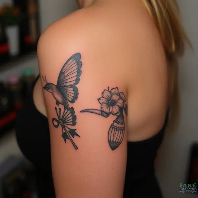 Two black temporary tattoo designs—a butterfly and a flower—on a person’s upper arm.