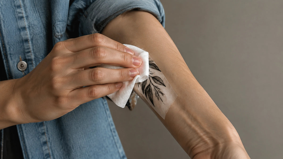 Close-up of hands pressing a damp cloth over a temporary tattoo being applied to a forearm