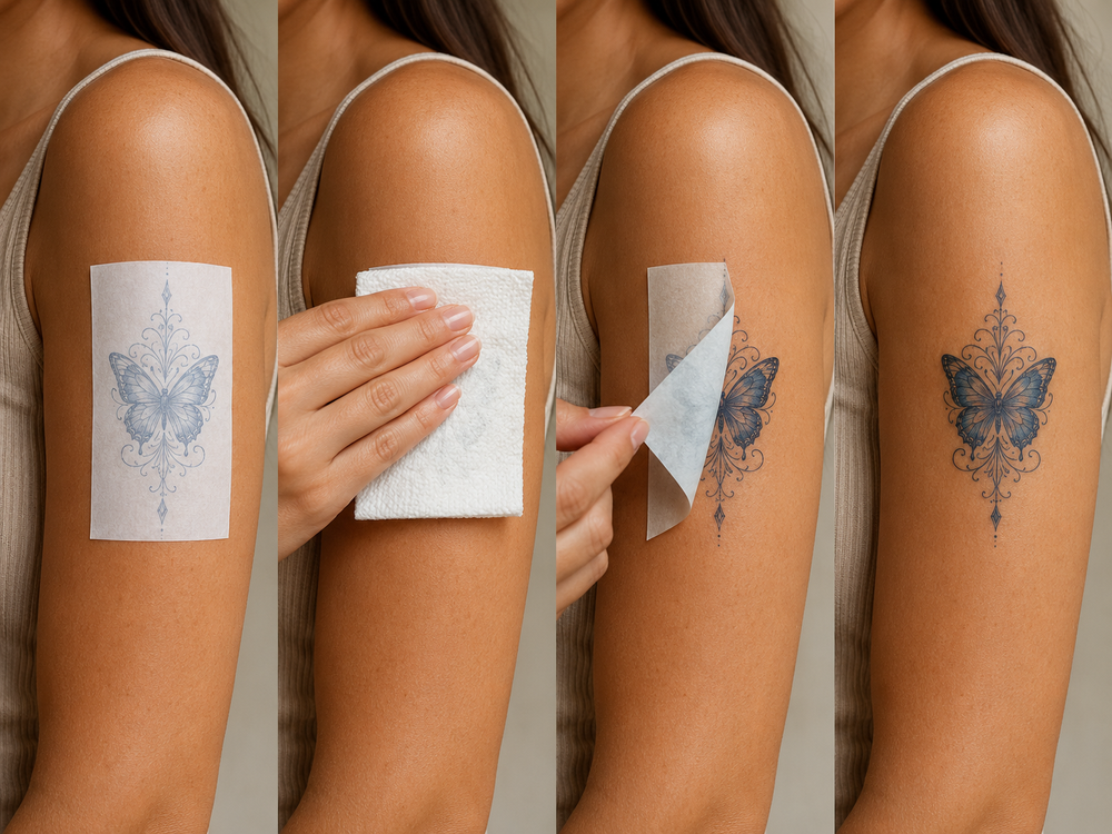 Step-by-step demonstration of applying a temporary butterfly tattoo to clean dry skin