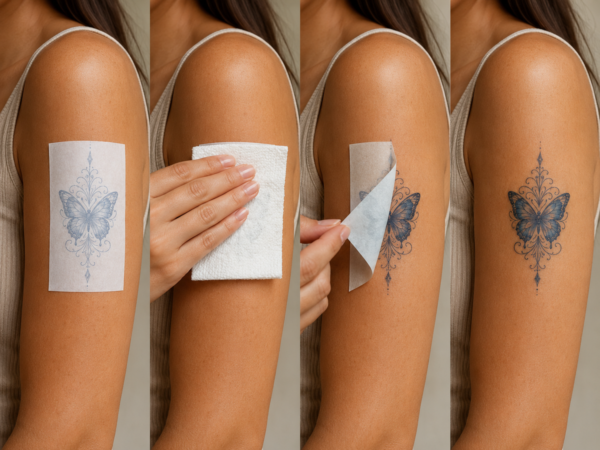 Step-by-step demonstration of applying a temporary butterfly tattoo to clean dry skin