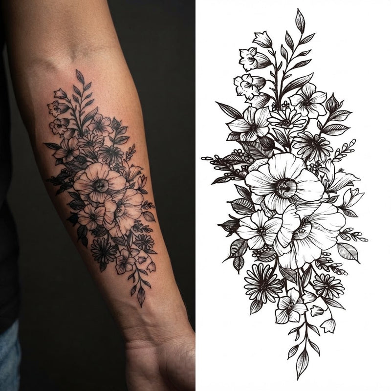 Black wildflower bouquet temporary tattoo on a forearm, shown with the design sheet