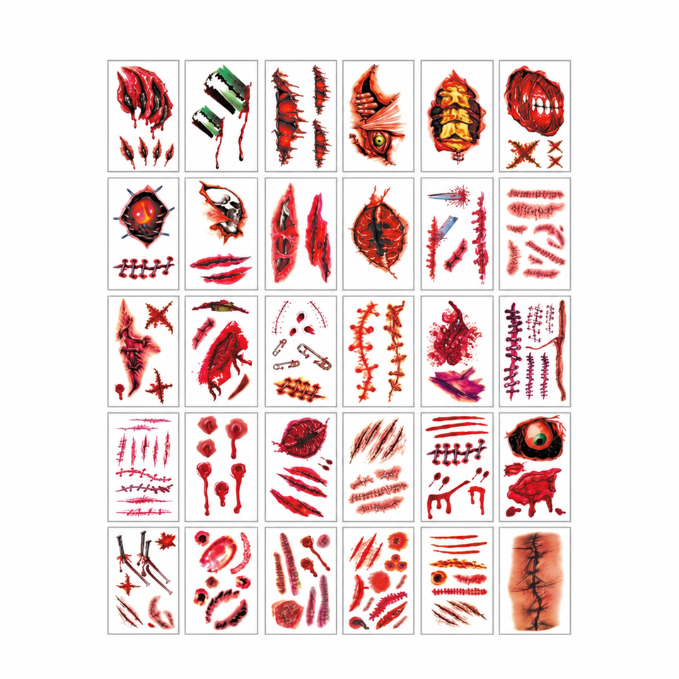 30 autocollants de tatouage imperméables araignées et chauves-souris pour fête d'Halloween, tatouages temporaires factices crâne et citrouille, décoration corporelle