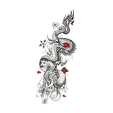 Slim dragon climbing upward with red blossoms and a pearl temporary tattoo