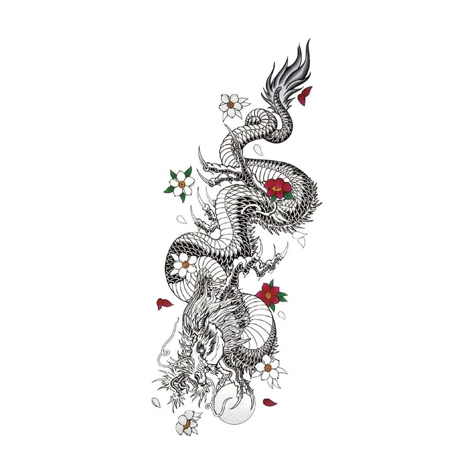 Slim dragon climbing upward with red blossoms and a pearl temporary tattoo