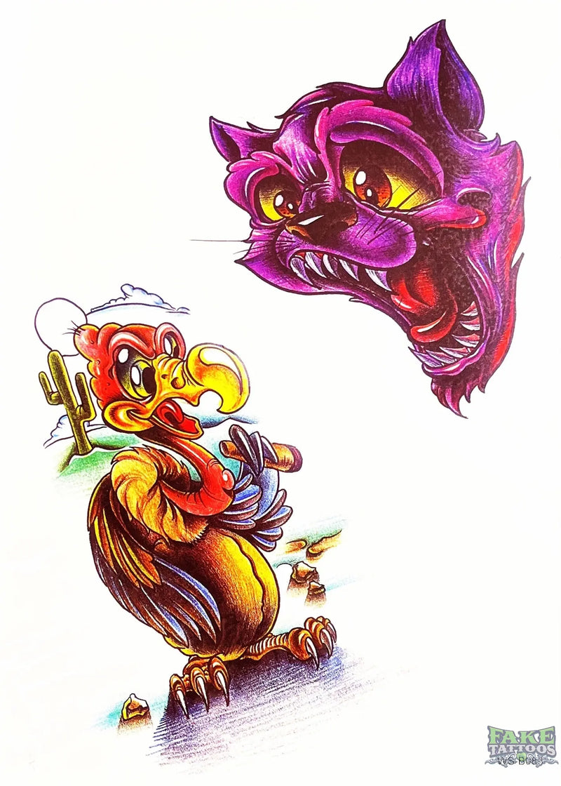 Cartoon Bird and Cat Temporary Tattoo