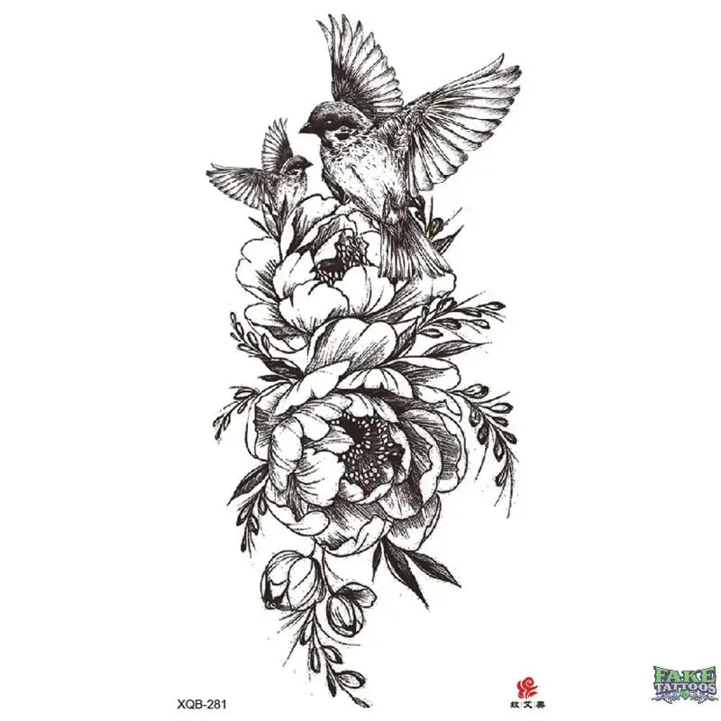Bird Flower Rose Temporary Tattoo