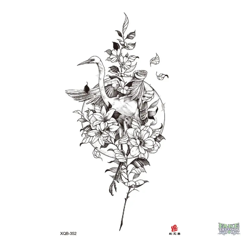 Elegant Swan & Flowers Realistic Temporary Tattoo