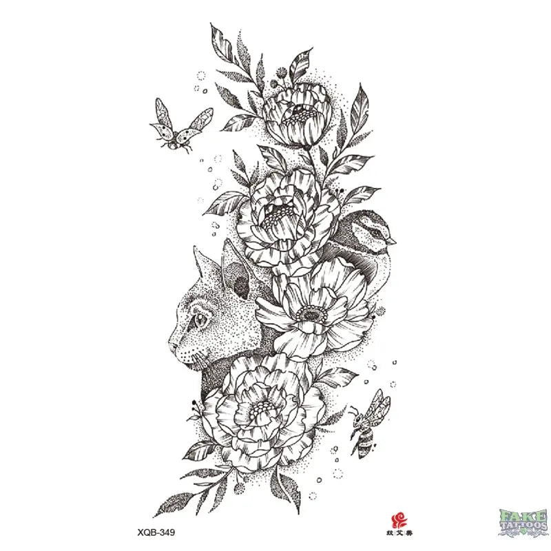 Nature-Inspired Cat, Bird & Butterfly Temporary Tattoo