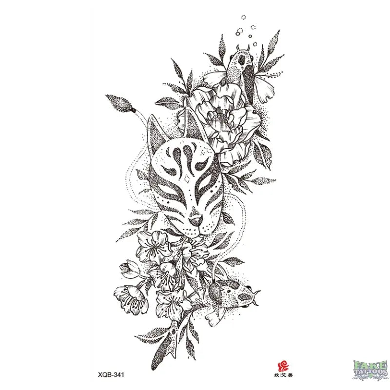 Cat Floral Flowers Temporary Tattoo