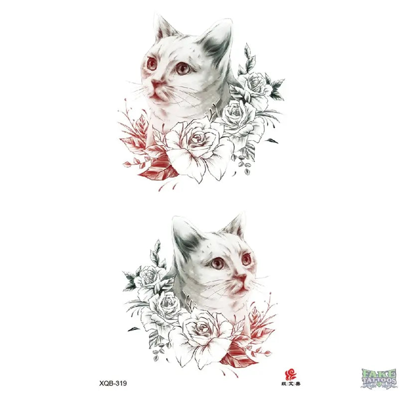 Realistic Cat & Roses Temporary Tattoo