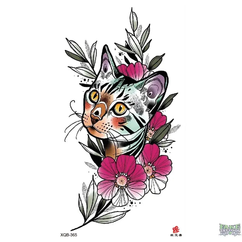 Cat and Floral Temporary Tattoo