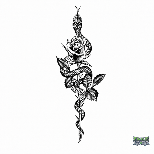 Black Venom Snake & Rose Fake Tattoos