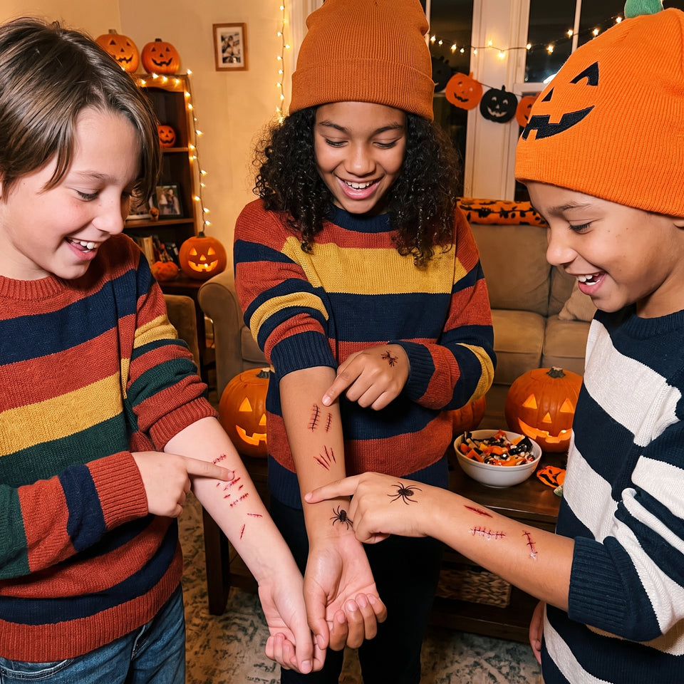 30 autocollants de tatouage imperméables araignées et chauves-souris pour fête d'Halloween, tatouages temporaires factices crâne et citrouille, décoration corporelle