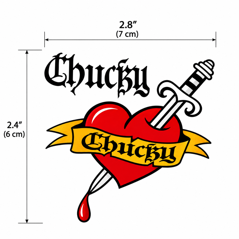 1 feuille de tatouage temporaire réaliste d'Halloween en forme de cœur de Chucky empalé et saignant, autocollant de tatouage factice réaliste, durable et imperméable
