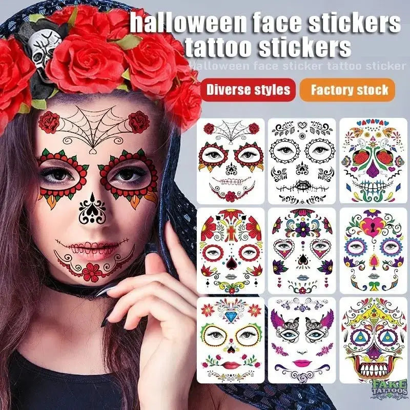Day of the Dead Face Tattoos, Halloween Temporary – Fake Tattoos
