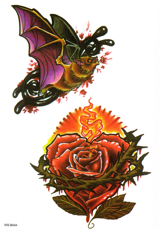 Bat Rose Heart Flower Temporary Tattoo Fake Tattoos