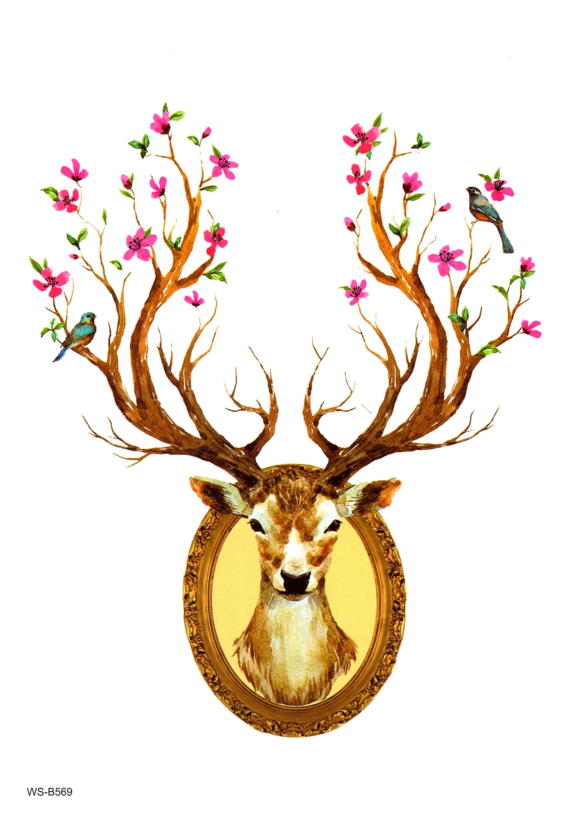 Deer Animal Flowers Temporary Tattoo Fake Tattoos