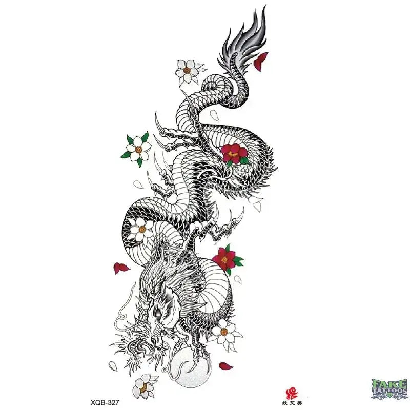 Dragon Snake Flowers Temporary Tattoo