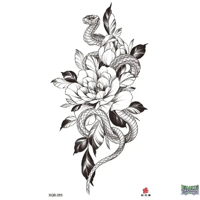 Realistic Flower Rose Leaf Snake Temporary Tattoo