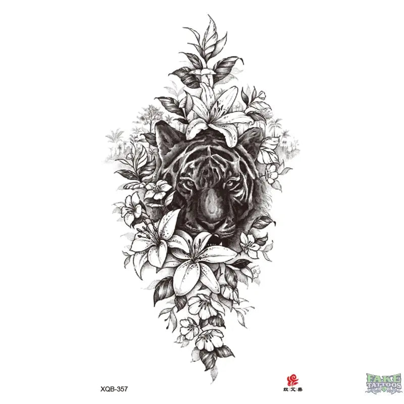 Realistic Tiger & Flowers Temporary Tattoo