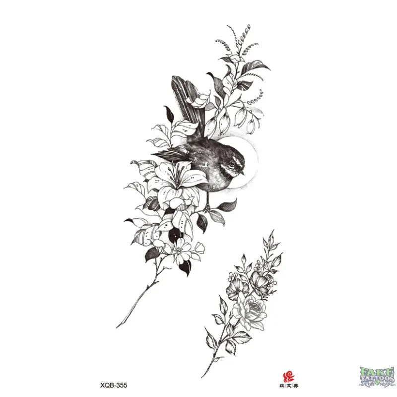 Elegant Flowers & Bird Temporary Tattoo