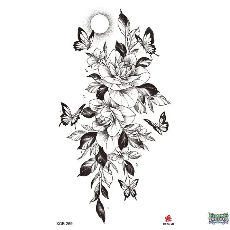 Elegant Flowers & Butterfly Realistic Temporary Tattoo