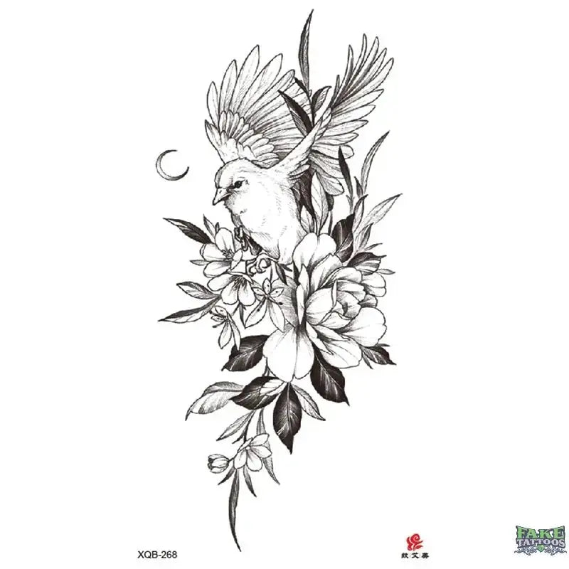 Realistic Flowers, Hummingbird & Moon Temporary Tattoo