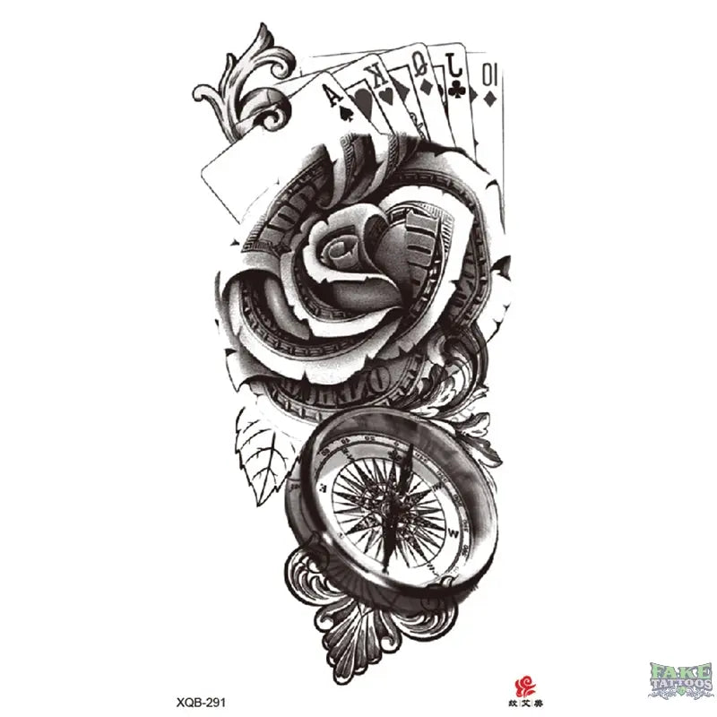Elegant Rose & Compass Temporary Tattoo with Cards & Money