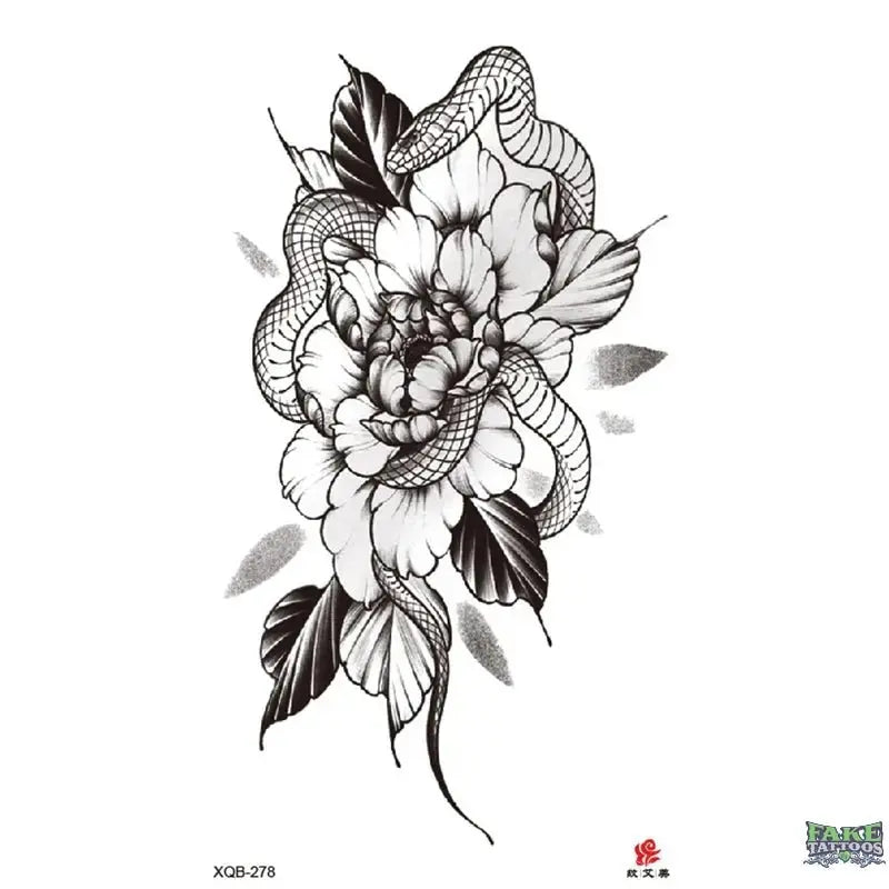 Realistic Flowers & Snake Temporary Tattoo