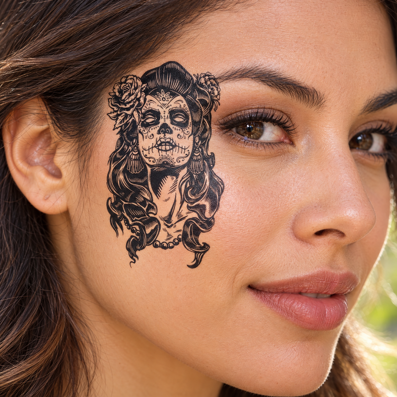 Sugar Skull Face Tattoo Set safe outer-cheek application example