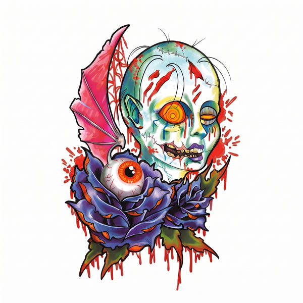 Colorful zombie head with bat wing, eyeball and blood drips temporary tattoo