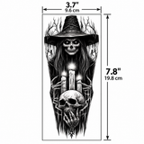 1 feuille de tatouages temporaires effrayants représentant un crâne de sorcière maléfique, tatouages autocollants réalistes, imperméables, pour manches de tatouage, style démon, vampire, Halloween