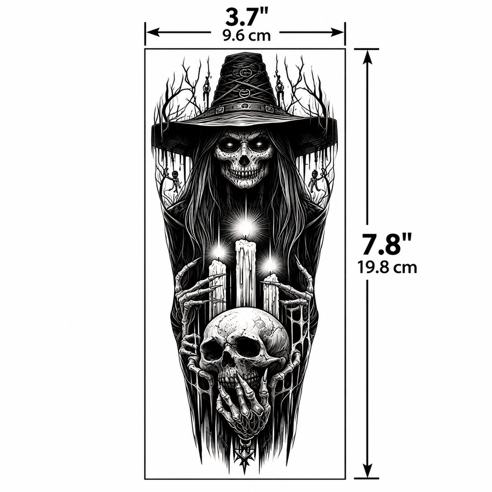 1 feuille de tatouages temporaires effrayants représentant un crâne de sorcière maléfique, tatouages autocollants réalistes, imperméables, pour manches de tatouage, style démon, vampire, Halloween