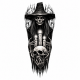 1 feuille de tatouages temporaires effrayants représentant un crâne de sorcière maléfique, tatouages autocollants réalistes, imperméables, pour manches de tatouage, style démon, vampire, Halloween