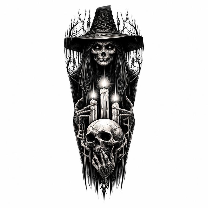 1 hoja de tatuajes temporales de calavera de bruja malvada aterradora, tatuajes falsos realistas de demonio y vampiro, manga de tatuaje impermeable para Halloween