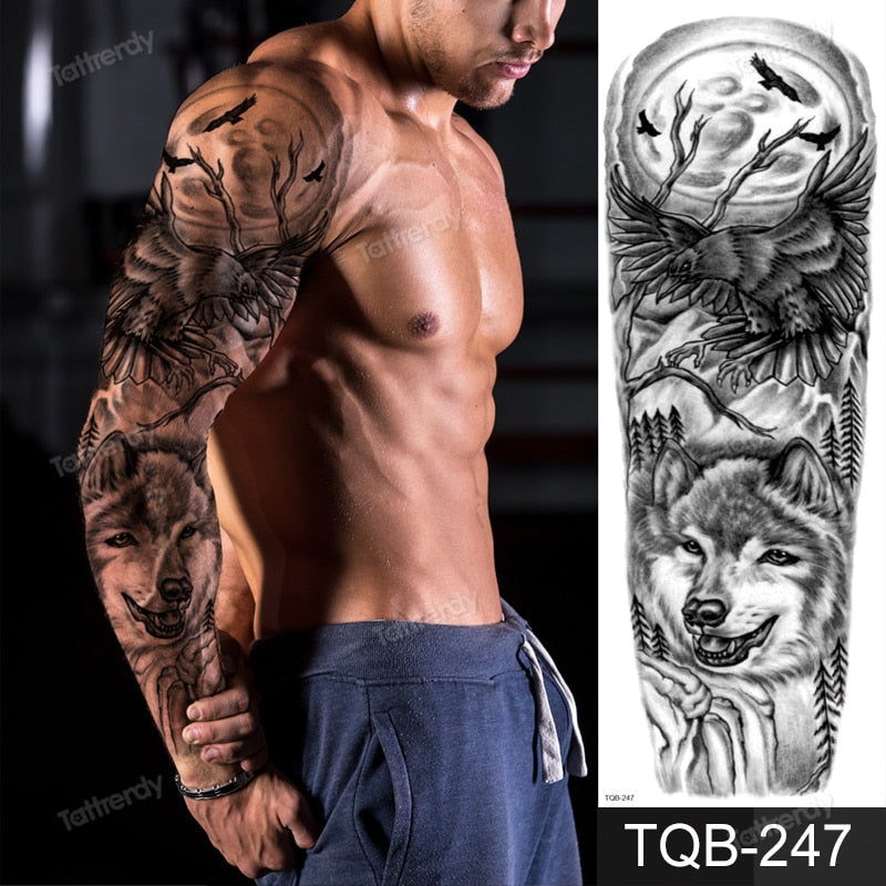 Amazing Temporary Tattoos men large full arm sleeve tattoo god wolf moon dragon lion king tiger forest tattoo designs big body FAKE TATTOOS
