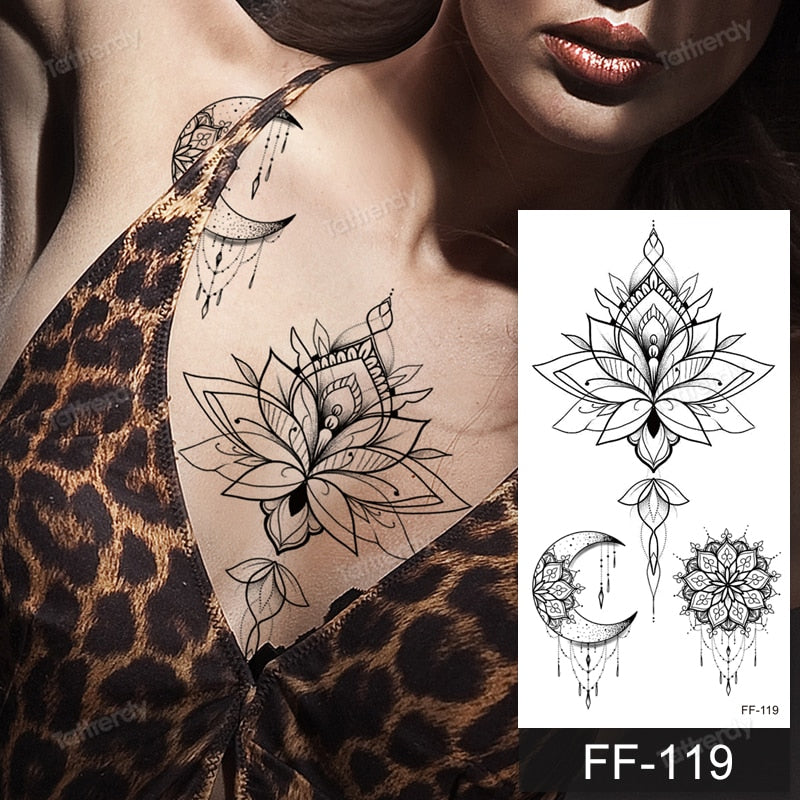 fake henna tattoo mandala lotus flowers jewery arabic indian egyptian tattoo sleeve hand finger breast tatoo black waterproof FAKE TATTOOS