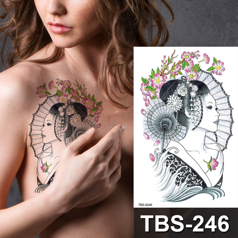 Japanese Geisha Girl Temporary Tattoos Women Arm Sleeve Breast Waist Body Art Tattoo Waterproof Water Transfer Tatoo Sticker FAKE TATTOOS