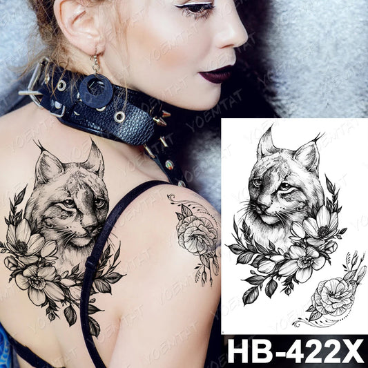 Waterproof Temporary Tattoo Sticker Flowers Cat Lynx Flash Tattoos Owl Satan Goat Body Art Arm Fake Tatoo Women Men Fake Tattoos