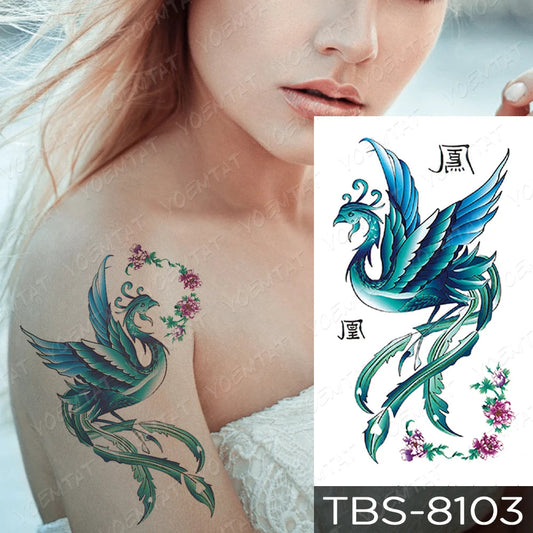 Waterproof Temporary Tattoo Sticker Phoenix Cat Dragon Flash Tattoos Snake Peony Lotus Body Art Arm Fake Tatoo Women Men Fake Tattoos
