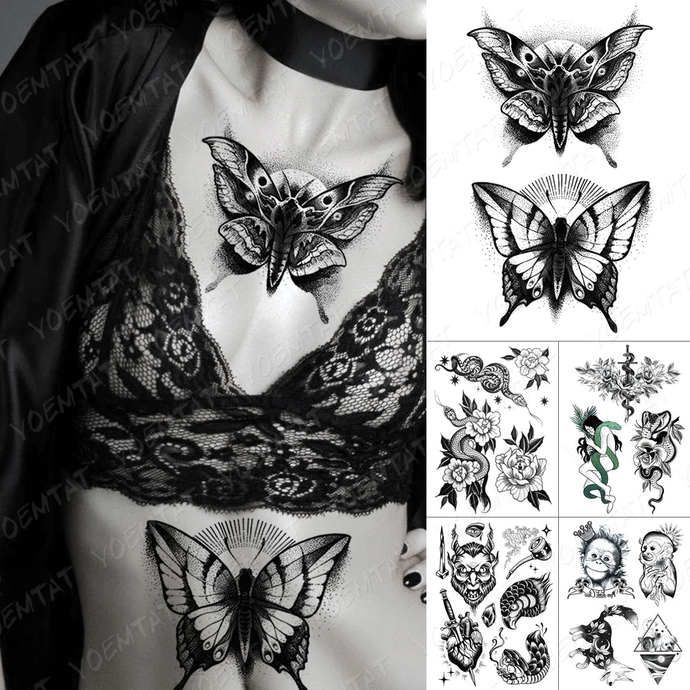 Waterproof Temporary Tattoo Sticker Dark Old School Moth Butterfly Flash Tattoos Snake Rose Body Art Arm Fake Tatoo Women Men Fake Tattoos