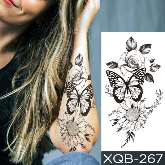 Black Flower Blooming Waterproof Temporary Tatooo Stickers Butterfly Peony Leaf Transfer Tatooos Body Art Fake Tatoo Women Fake Tattoos