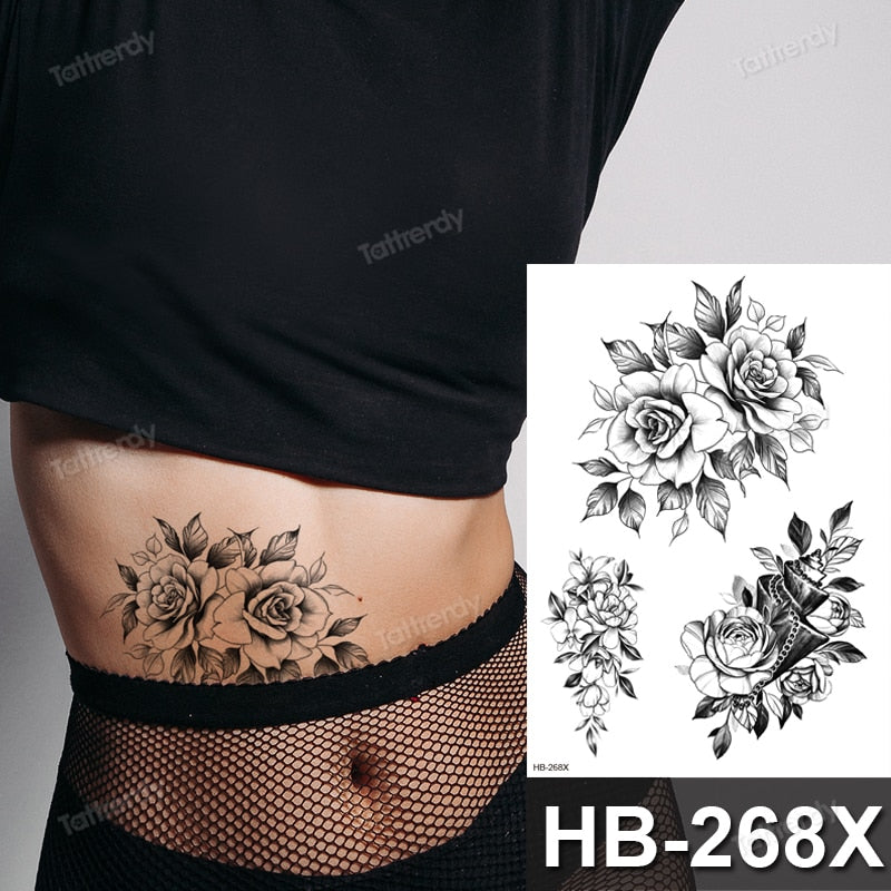 Tattoo Sticker Flower Big Body Art Waterproof Temporary Sexy Thigh Tattoos For Woman Tattoo Fake Water Black Sketch Line Sleeve FAKE TATTOOS